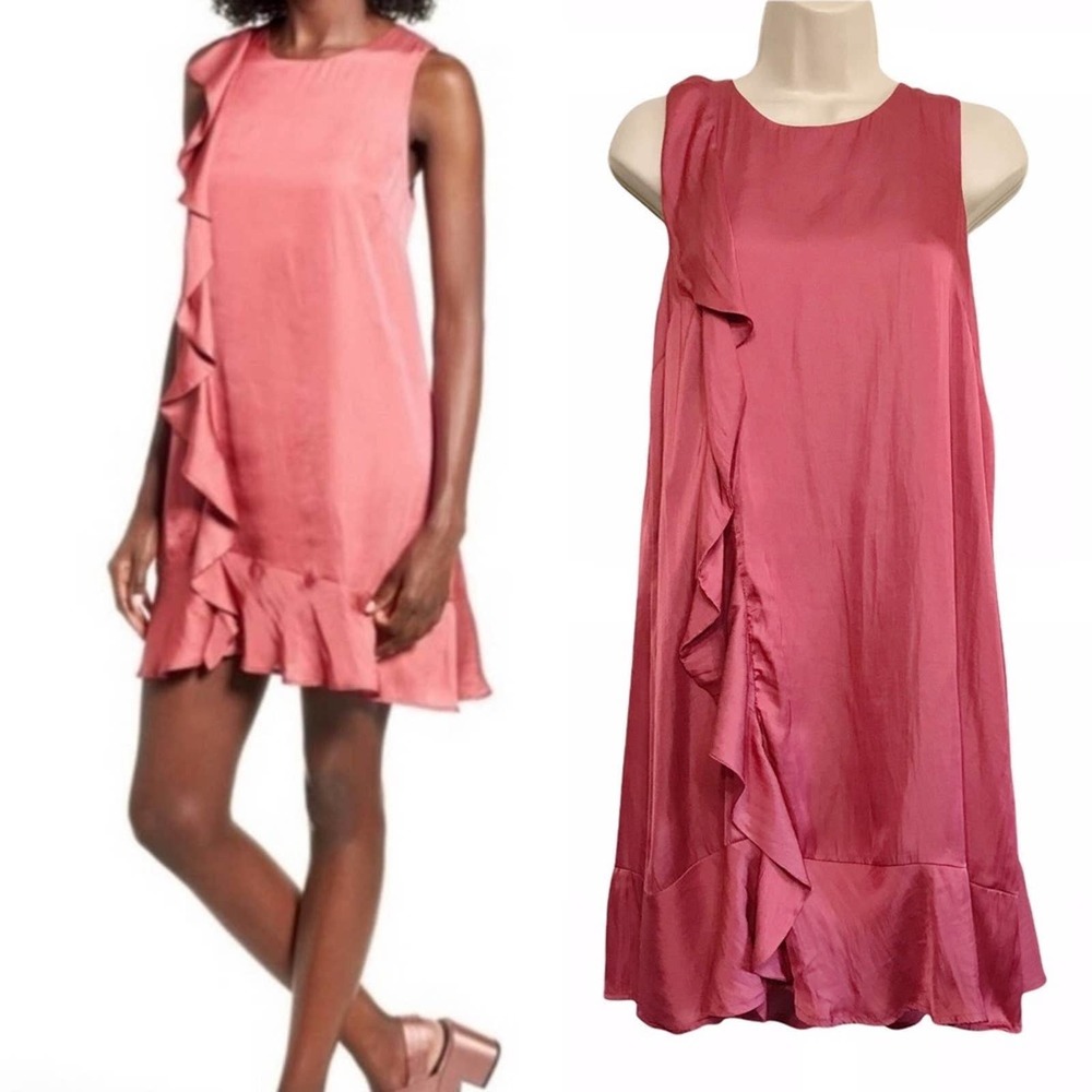 ASTR The Label Women's Pink Asymmetric Mini Silk Ruffle Sleeveless Dress Large